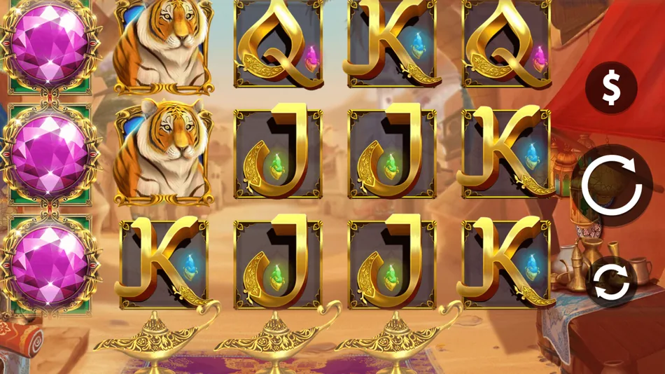 Mighty Genie base game in a daytime bazaar with tiger and purple gem symbols and three golden lamps under the reels