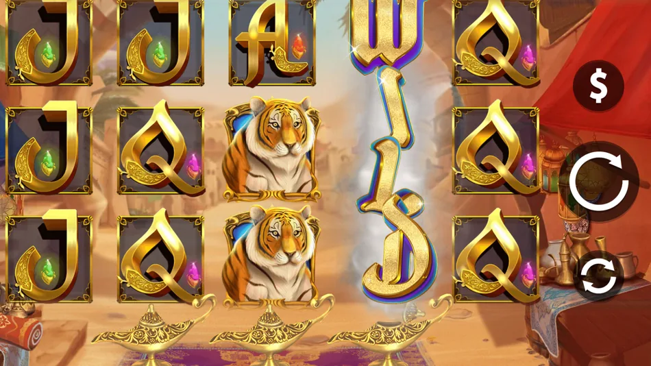 Full-reel W-I-L-D wild standing above an open golden lamp on reel 4